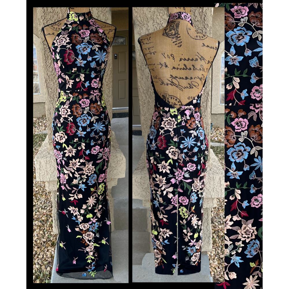Lulus Black 3D Floral Embroidered Halter Infinite Praise Maxi Dress Size M - Picture 6 of 13